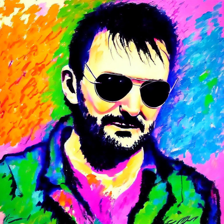 Vibrant portrait of a bearded man with sunglasses on colorful backdrop