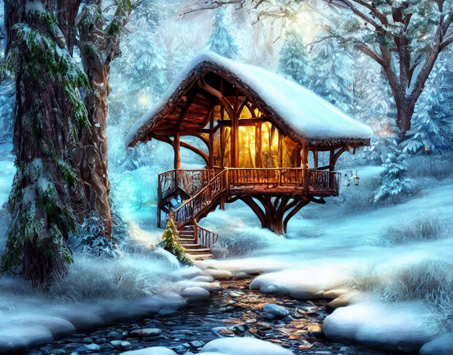 Snowy Forest Cabin on Stilts Surrounded by Stream
