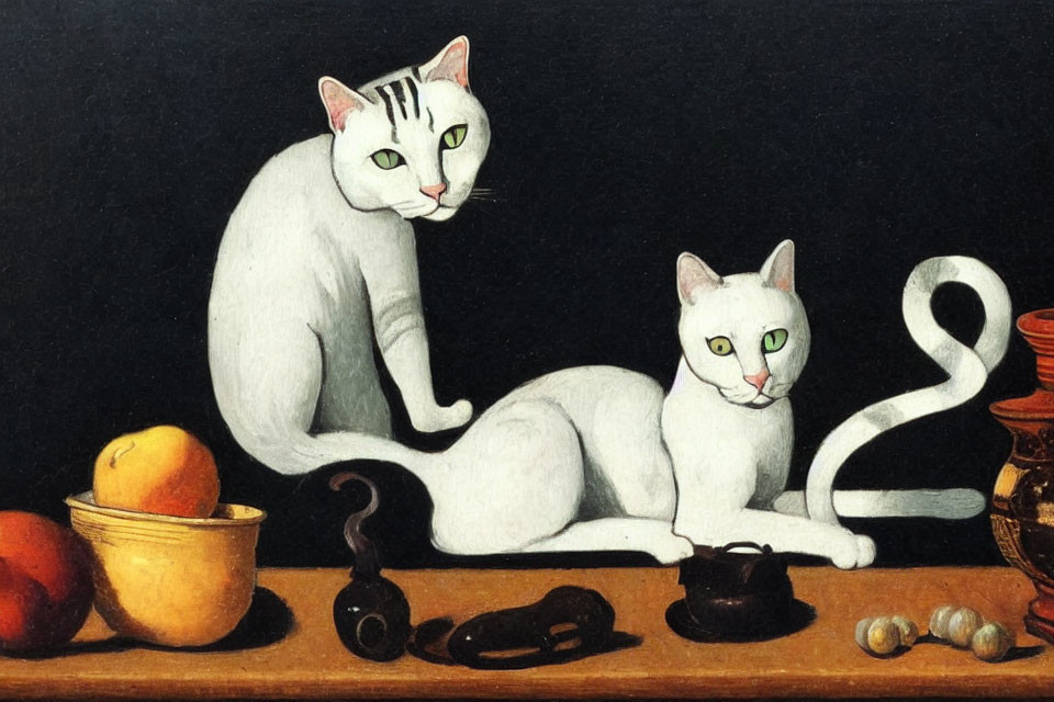 Two White Cats with Distinctive Markings in Classical Painting Style