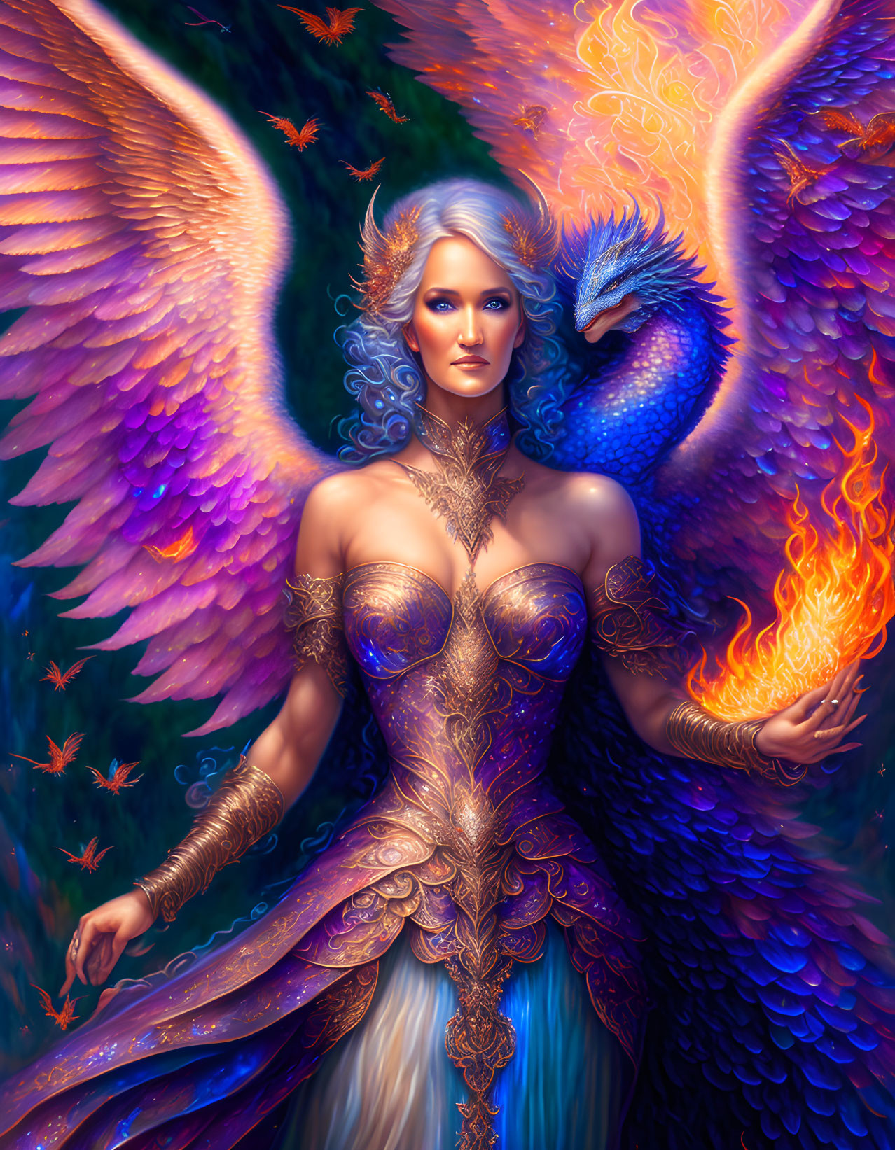 Ethereal woman with angelic wings holding a phoenix and flame in hand