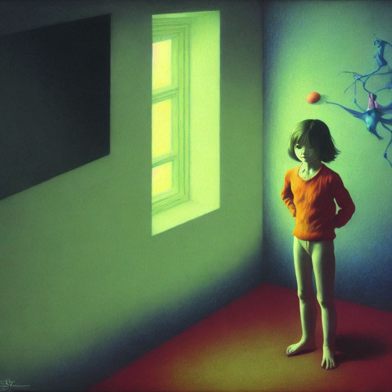 Child in orange sweater playing with orange ball in surreal room with blue tree shadows