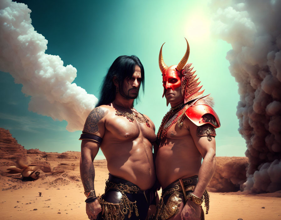Two muscular men in fantasy warrior costumes with horned helmet in desert with dramatic clouds.