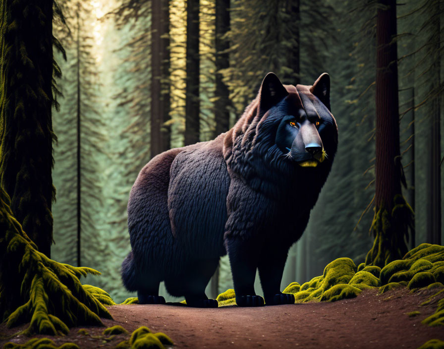 Large muscular wolf walking in misty forest with vibrant green moss