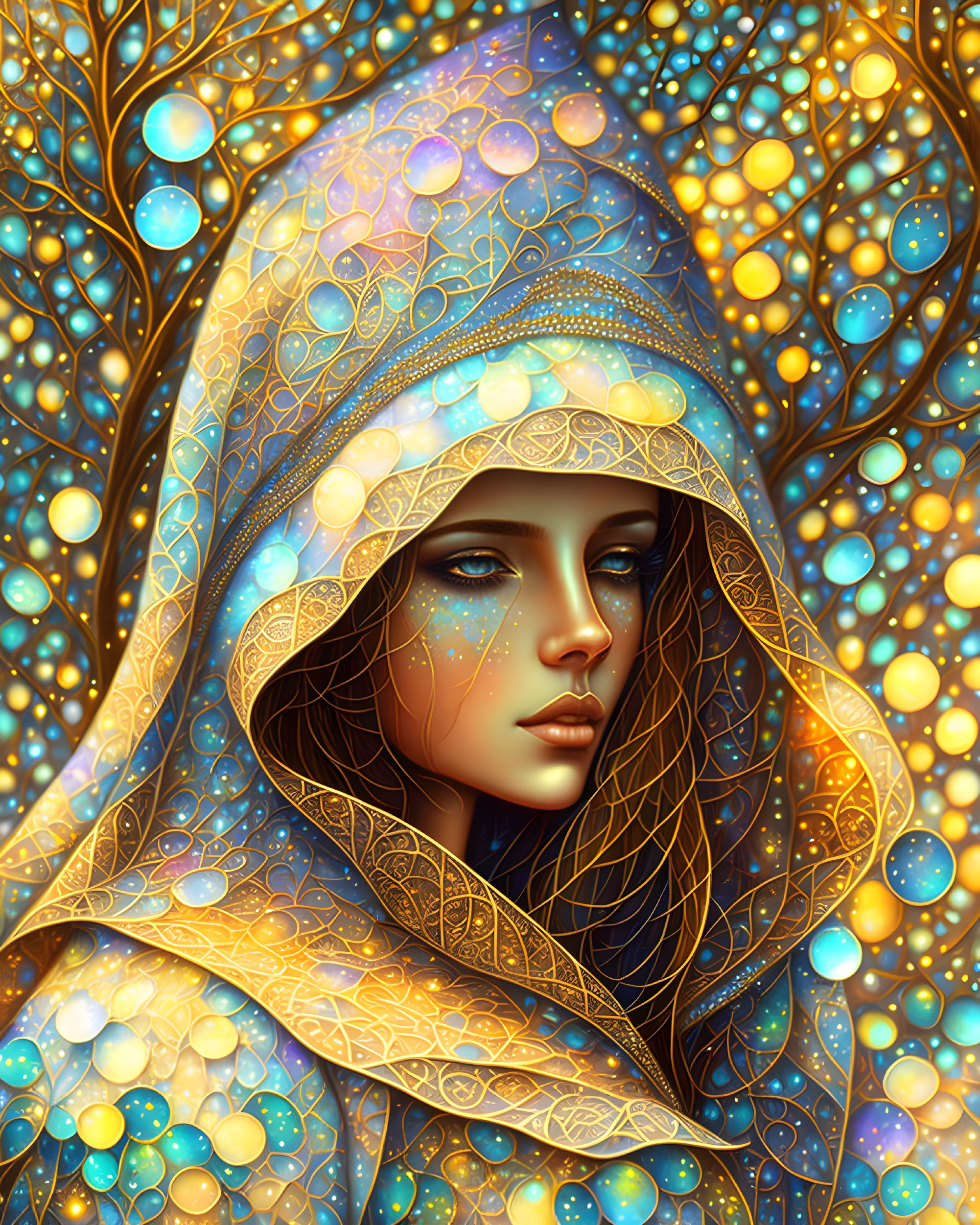 Golden hooded woman surrounded by glowing orbs and tree patterns