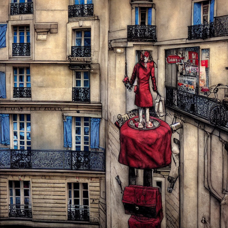 Person in red dress on table attached to building facade: Surreal gravity-defying scene