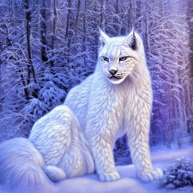 Majestic white feline with yellow eyes in snow-covered forest