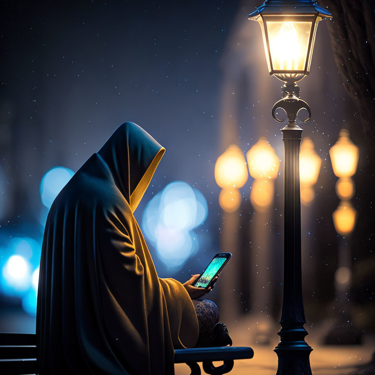 Hooded Figure Sitting Under Street Lamp at Night