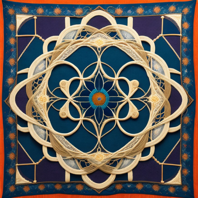 Circular symmetrical string art on textured blue and orange background.