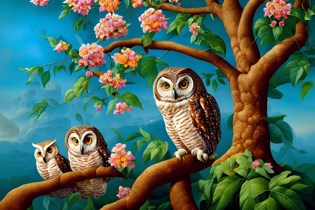 Illustrated Owls on Branch with Pink Blooms in Blue Sky