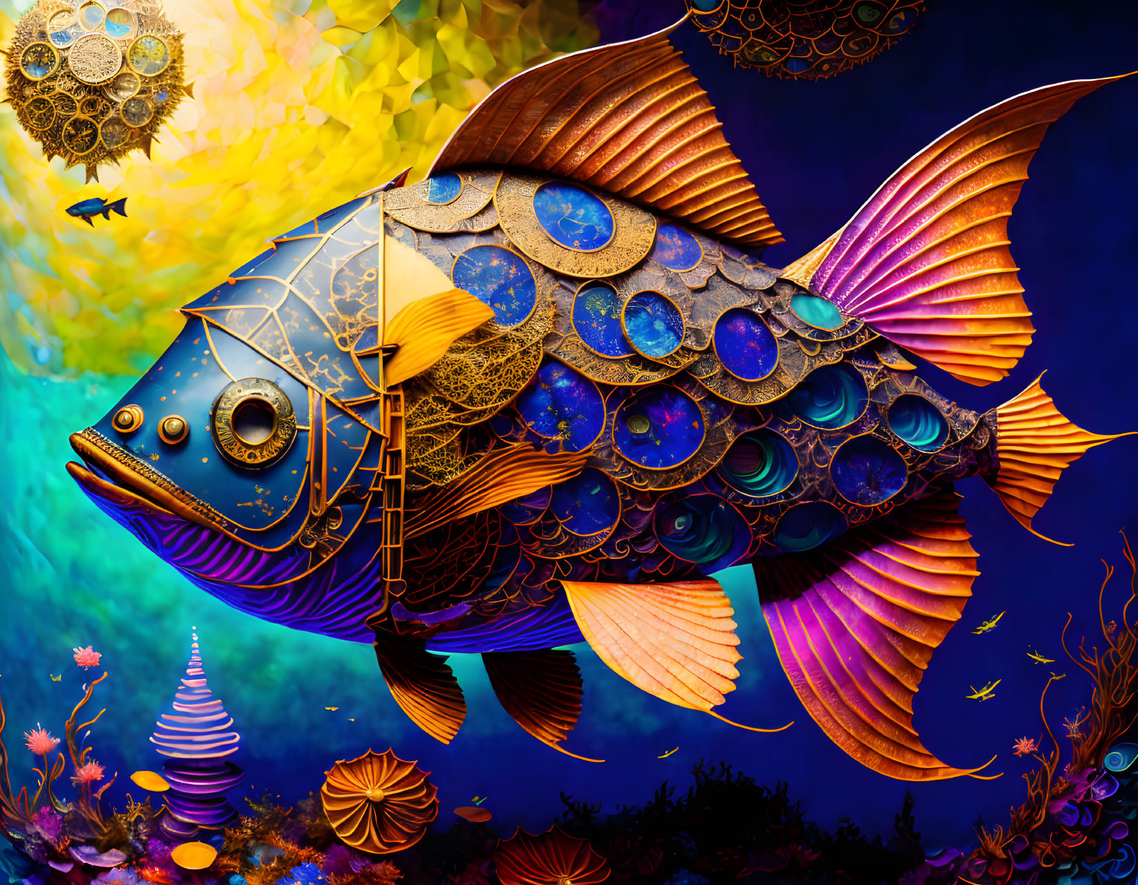 Colorful Stylized Fish Artwork in Surreal Underwater Scene
