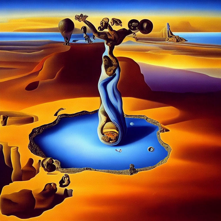 Surreal landscape painting: melting clock, distorted figures, reflective pool, desert dunes, blue