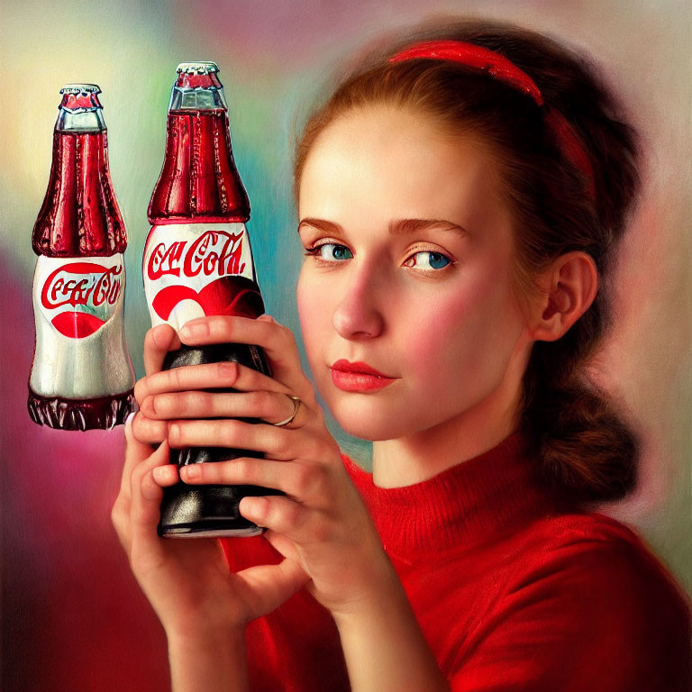 Vintage-style image of woman in red outfit with Coca-Cola bottles