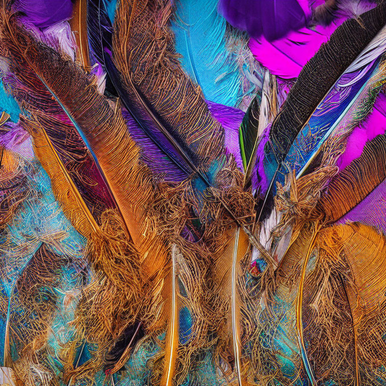 Multicolored Feathers: Purple, Blue, and Golden Hues Texture Focus