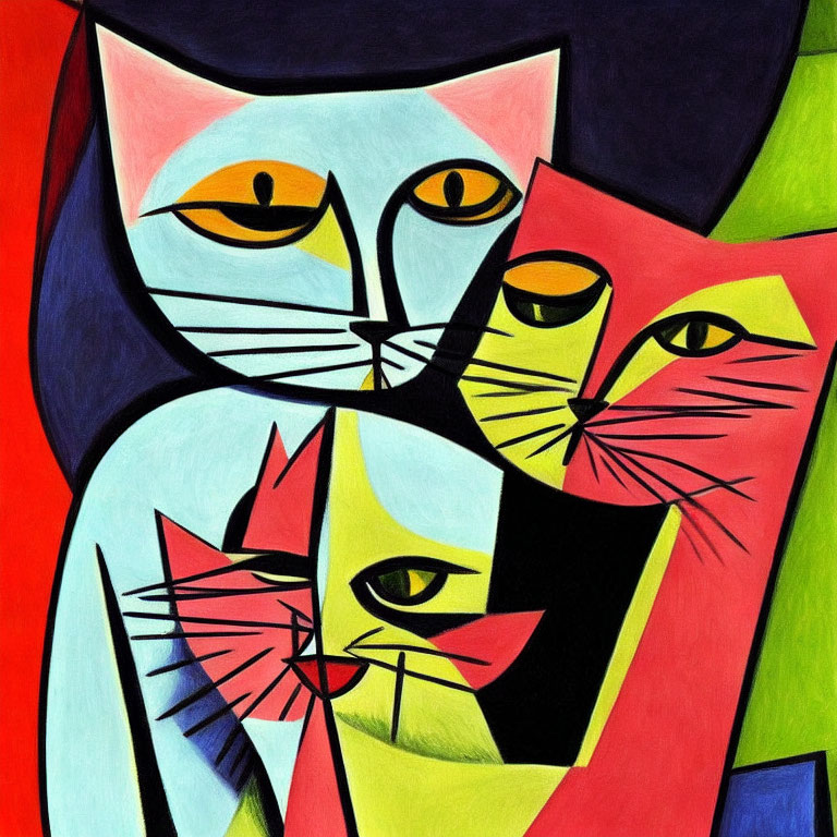 Vibrant abstract painting with stylized cats and geometric shapes