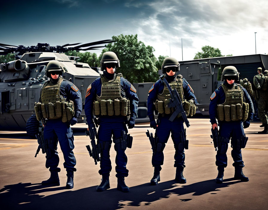 Four Armed Military Personnel in Full Gear Standing Before Helicopter and Vehicles
