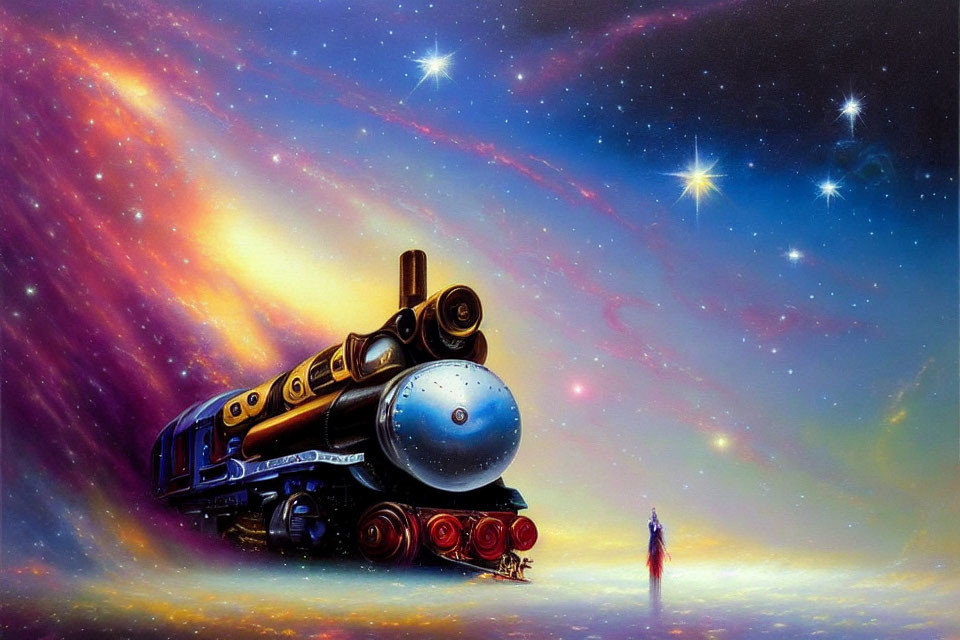Vintage steam locomotive on cosmic background with stars, nebulae, and lone figure standing by