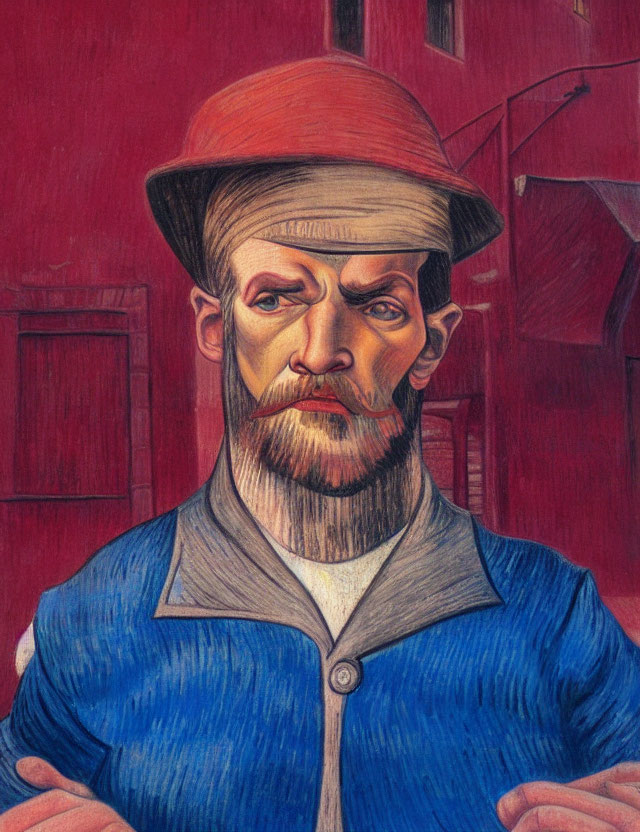 Colored pencil drawing of a bearded man in blue shirt and orange hat on red background