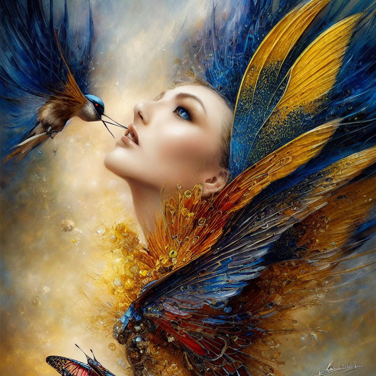 Fantastical artwork of woman with bird-like wings and bird against dramatic sky