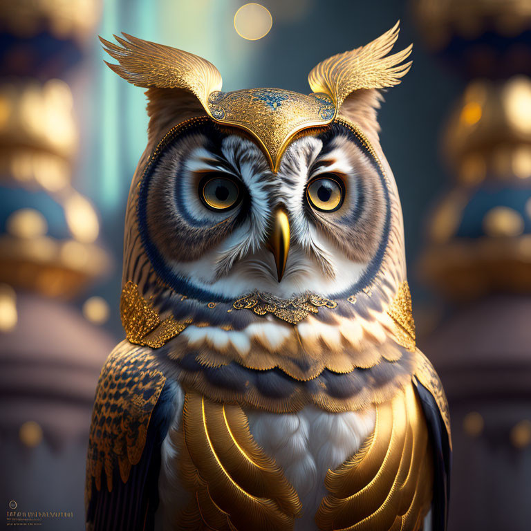 Regal owl with golden crown on blurred background