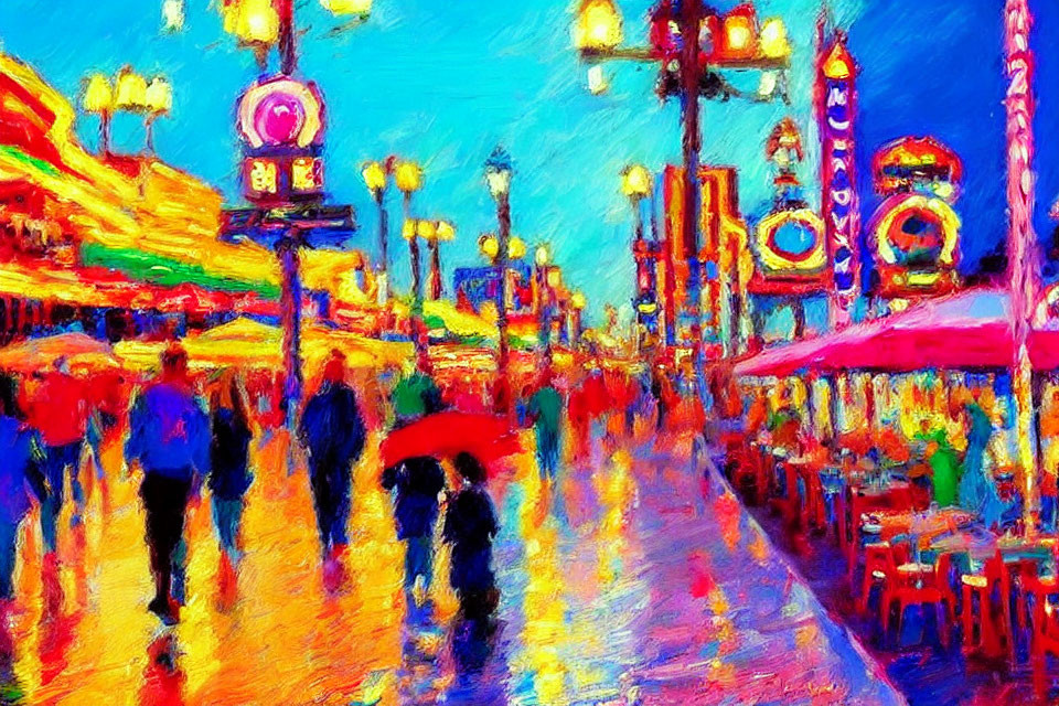 Colorful Impressionist Night Street Scene with Neon Lights