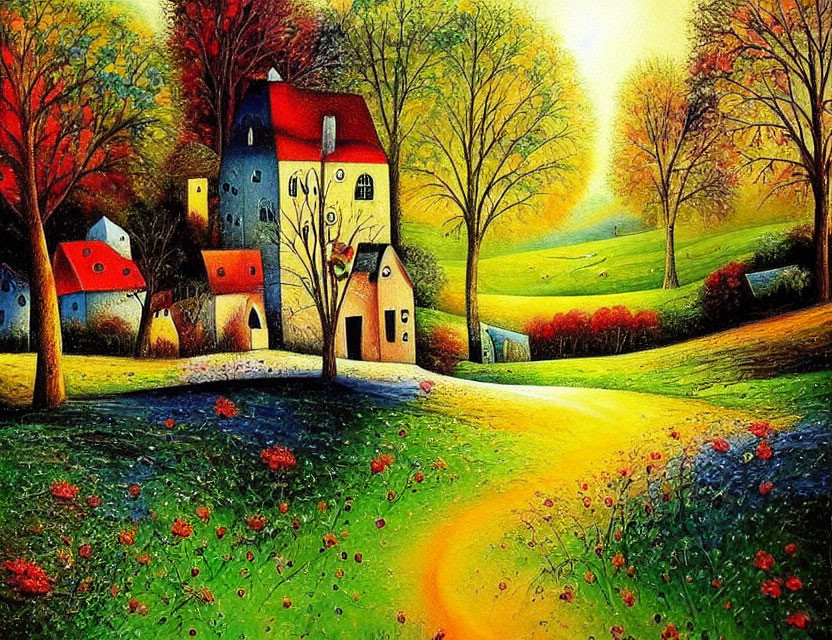 Colorful Landscape of Whimsical Village with Autumnal Trees