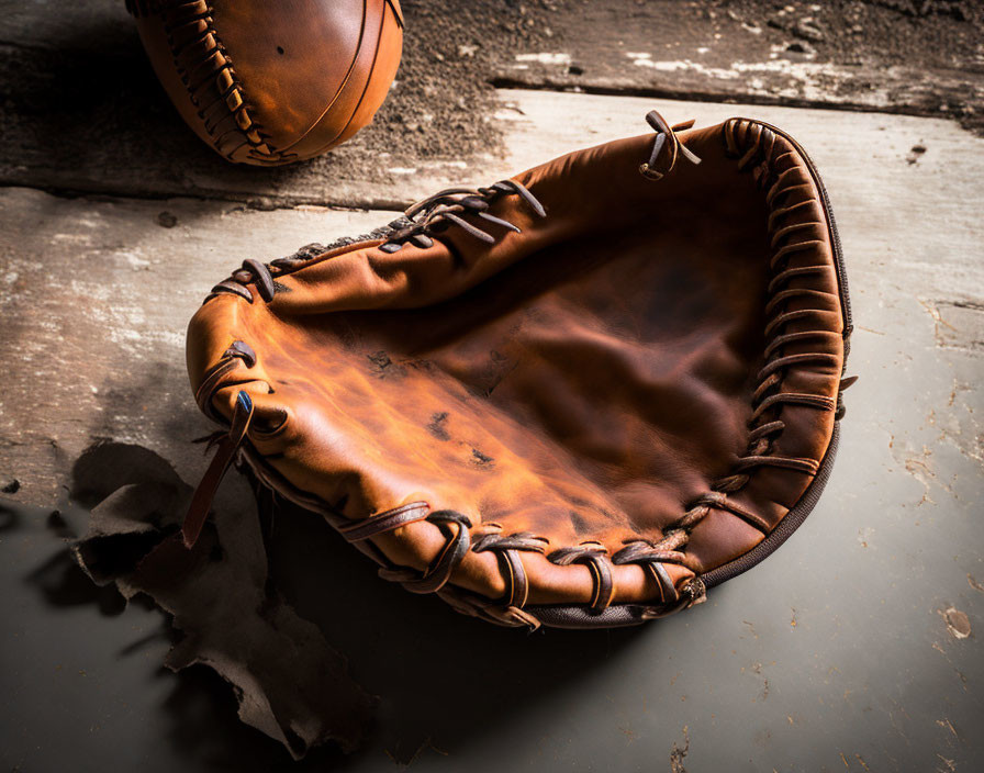 Vintage baseball glove and ball on dusty wooden surface