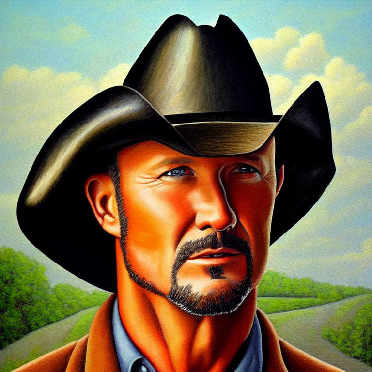Stylized painting of a man in cowboy hat with mustache, gazing on country road