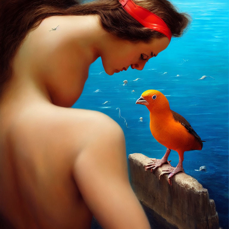 Surreal image: Woman with red headband, orange bird, underwater fish