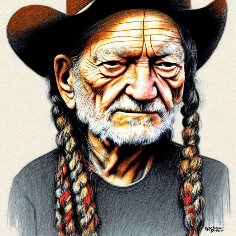 Elderly man with braided hair and cowboy hat illustration