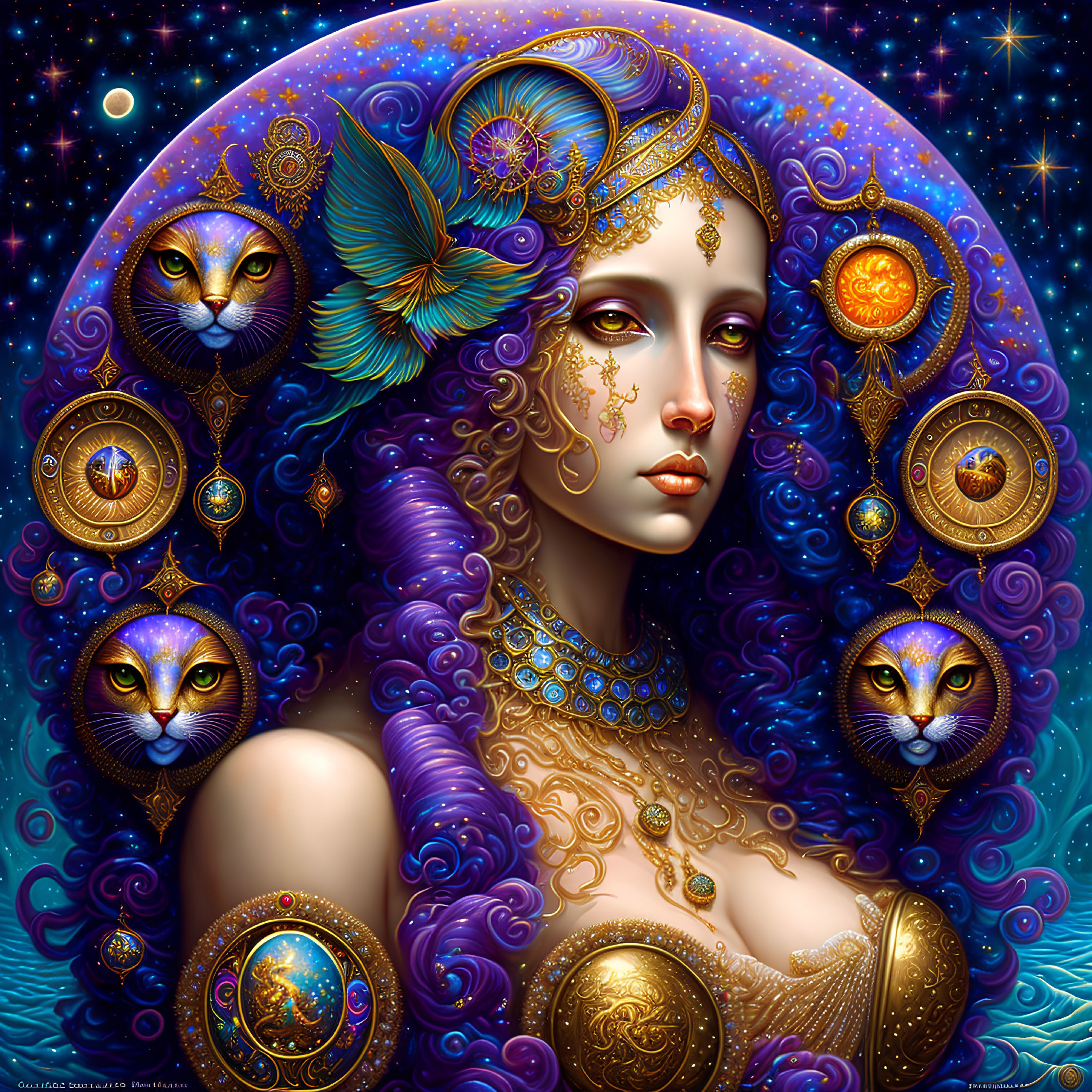 Surreal portrait of woman with purple hair and golden adornments, surrounded by cosmic cats and celestial