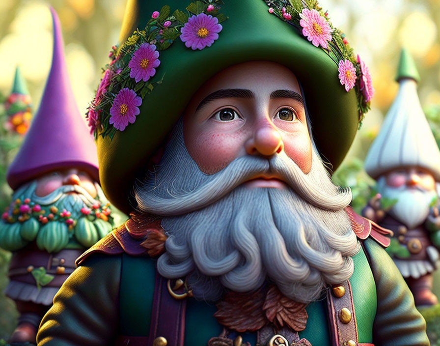 Colorful Gnome with White Beard and Flower Hat in Green Outfit