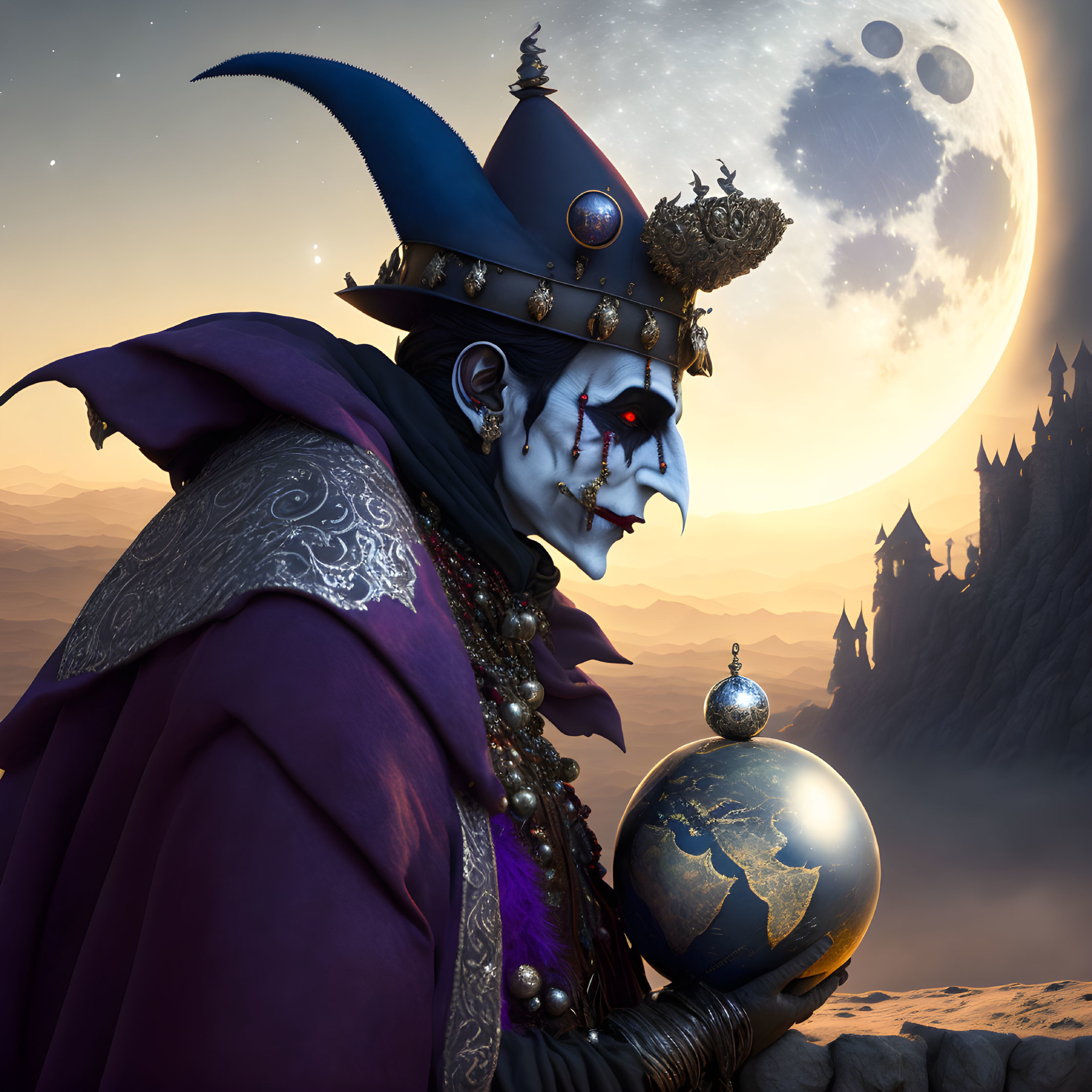 Regal figure with jester's hat holding a globe in twilight scene