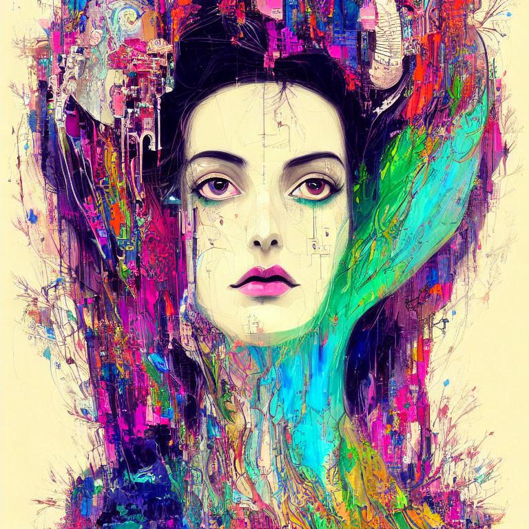 Vibrant abstract art: woman's face with colorful splashes & geometric shapes