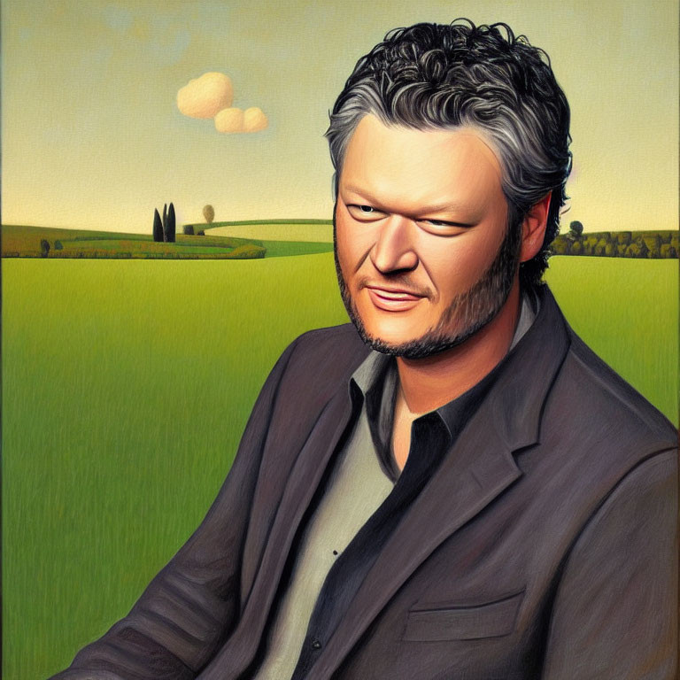 Stylized portrait of a man with messy hair and black shirt smirking in countryside.