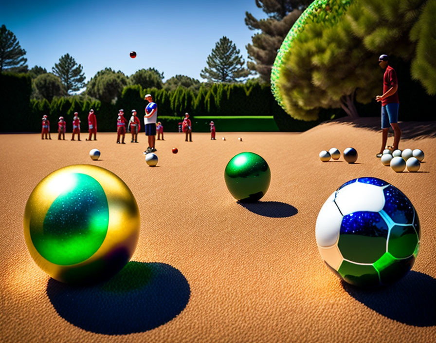 Vibrant marbles and soccer balls in surreal outdoor scene