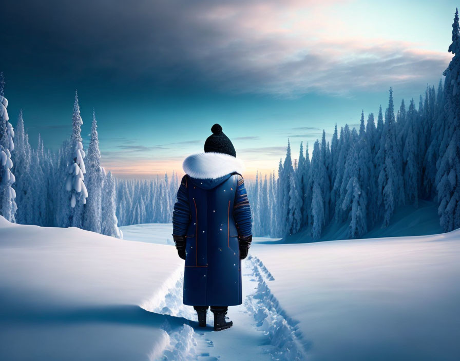 Person in Blue Coat and Beanie in Snow-Covered Forest at Twilight