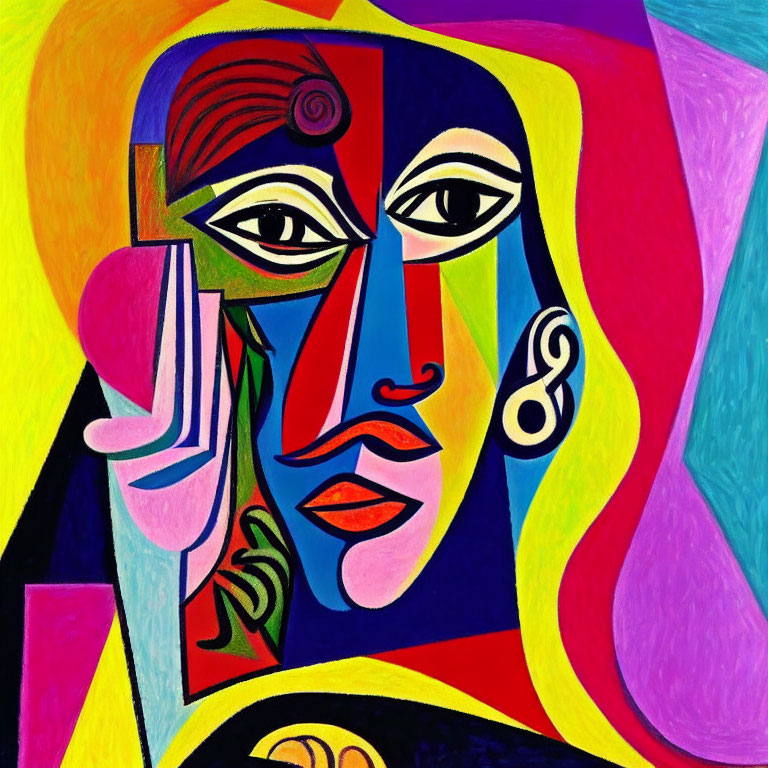 Vibrant abstract portrait with asymmetrical eyes and geometric shapes