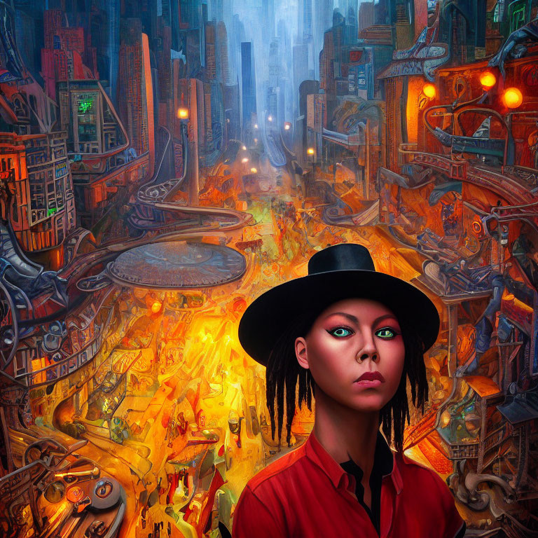 Person in Black Hat with Red Eyes in Futuristic Cityscape