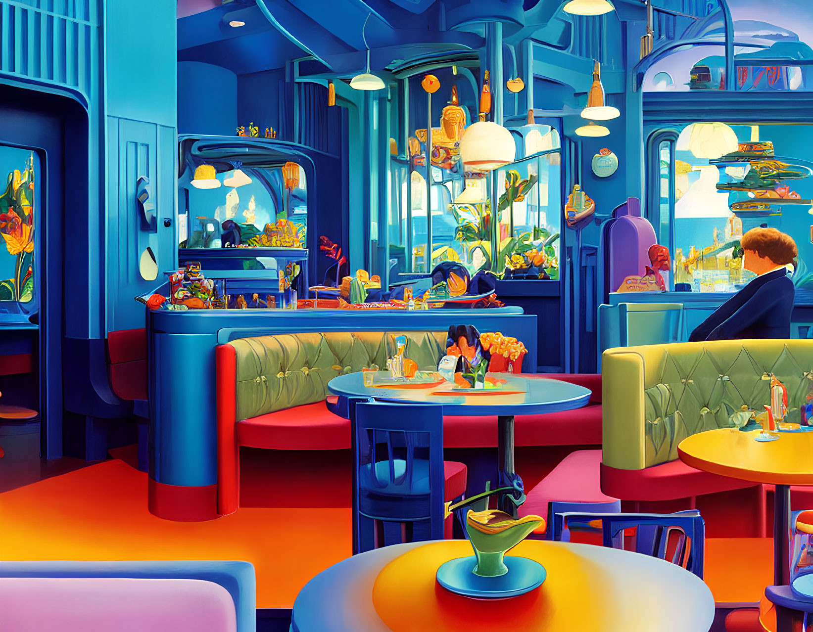 Colorful Restaurant Interior with Tropical Aquariums and Unique Lighting