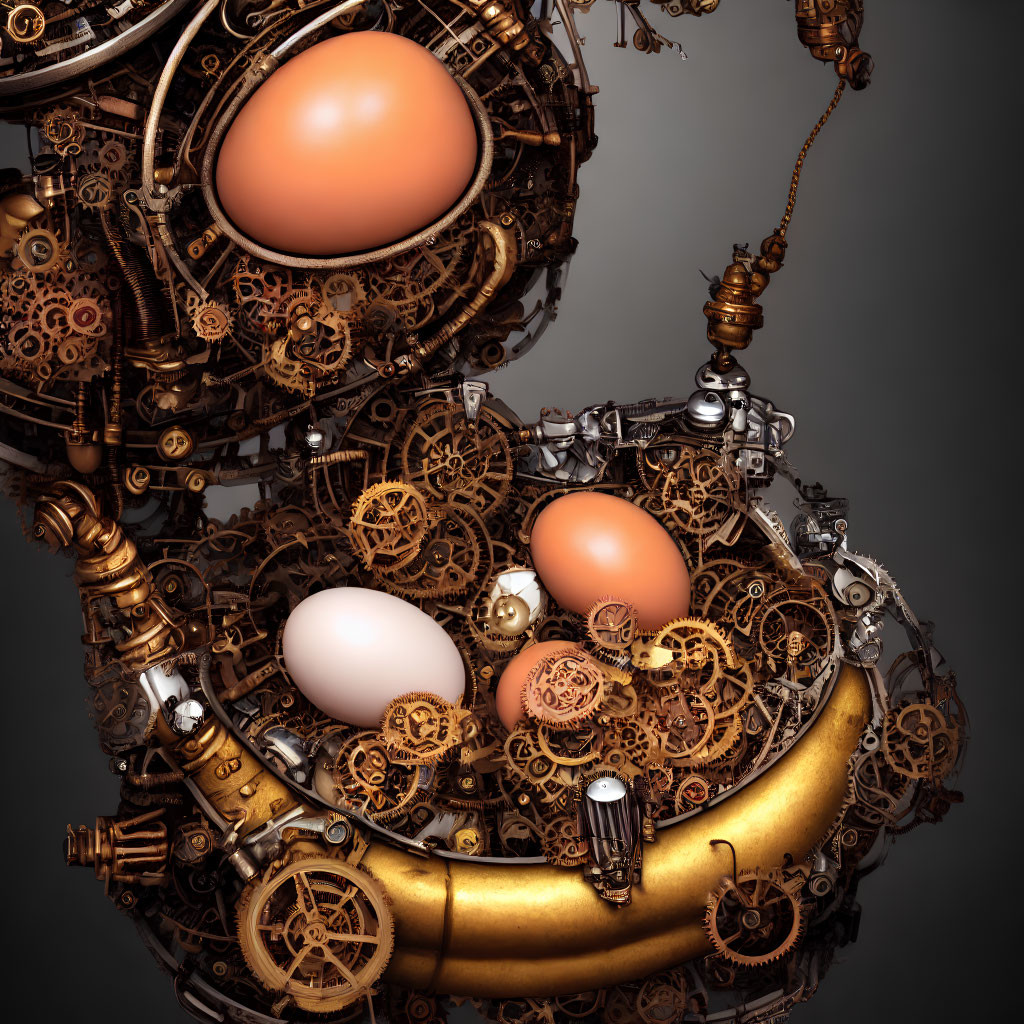 Steampunk machinery with eggs, gears, and cogs in golden hue