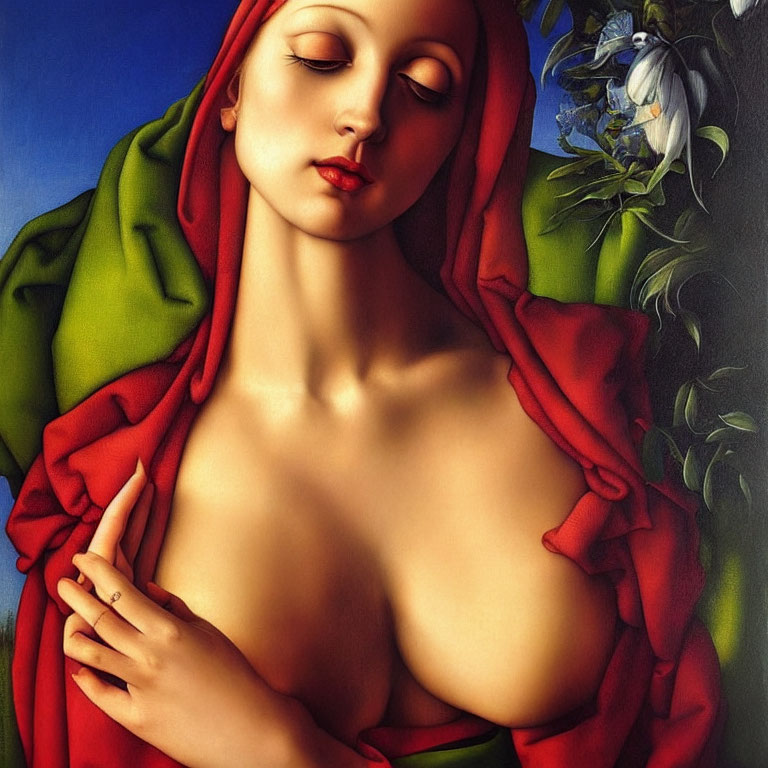 Portrait of Woman in Red Headscarf and Green Cloth on Blue Background