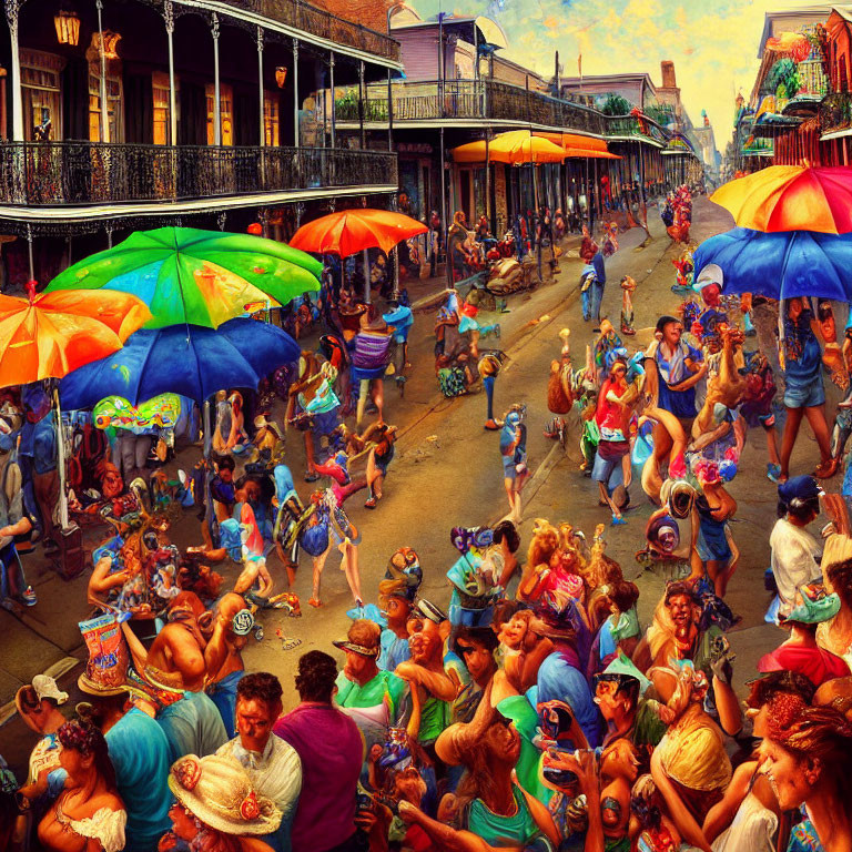 Colorful Umbrella Dance in Festive Street Scene