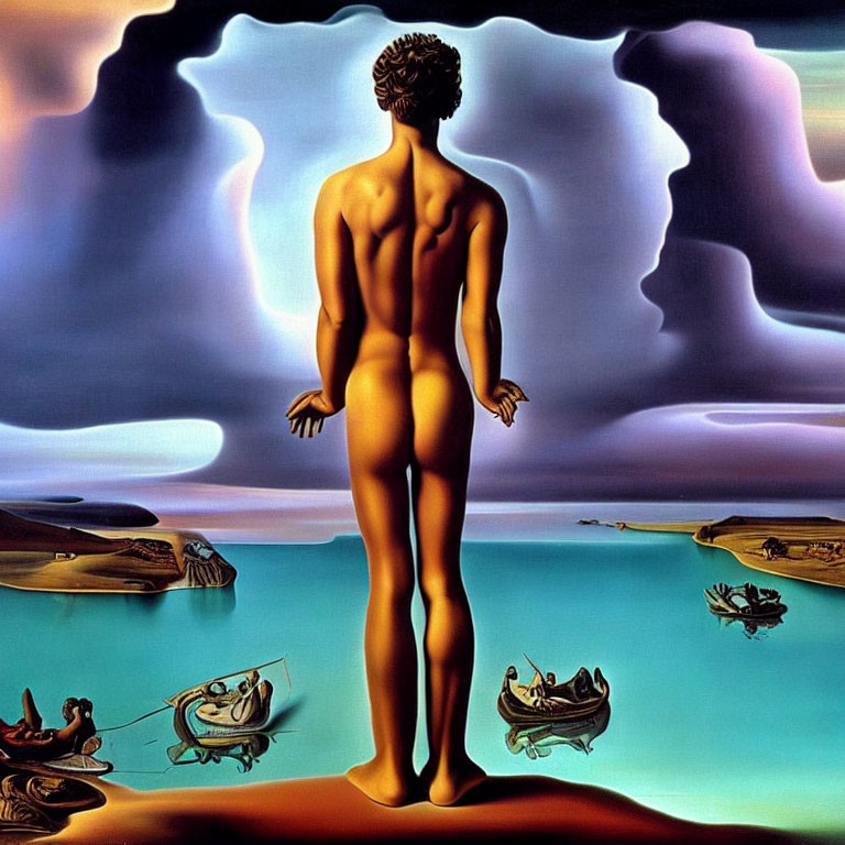 Surreal nude figure in dreamlike landscape with distorted boats