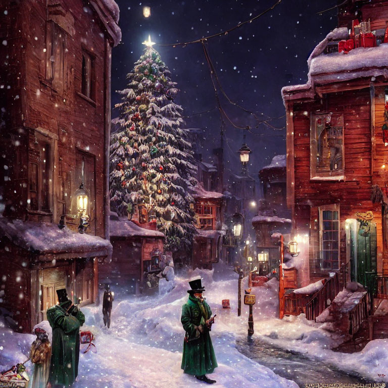 Victorian-themed snowy evening scene with Christmas tree and colorful buildings