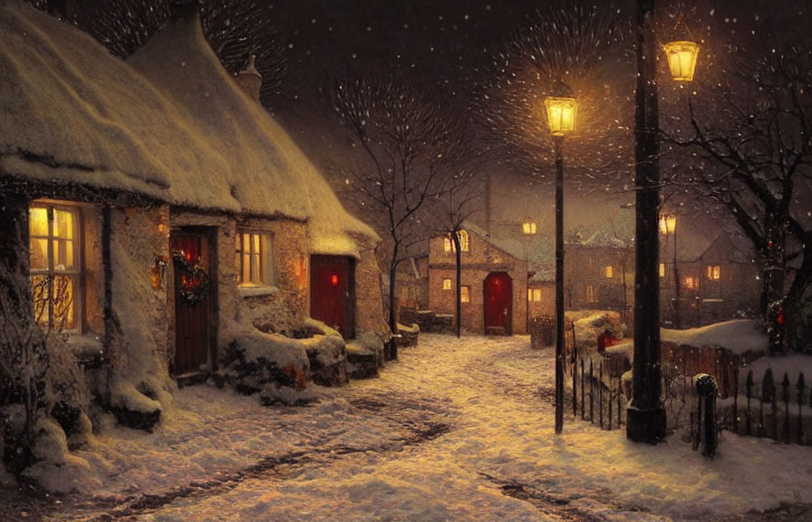 Winter village scene with snow-covered cottages and glowing windows