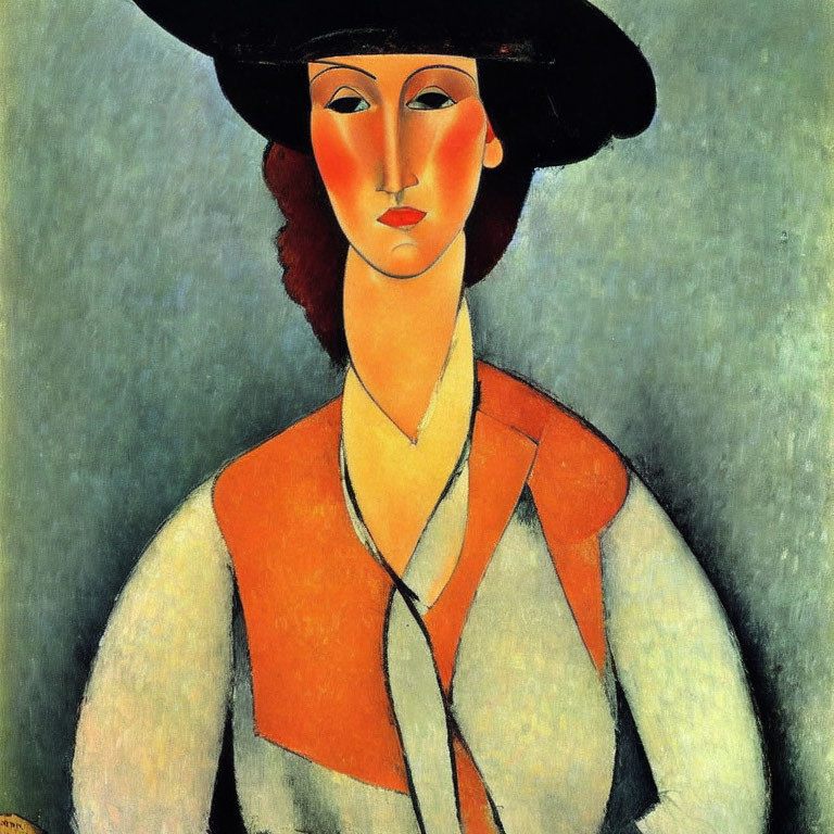 Stylized female figure with red hat and orange blouse on neutral background