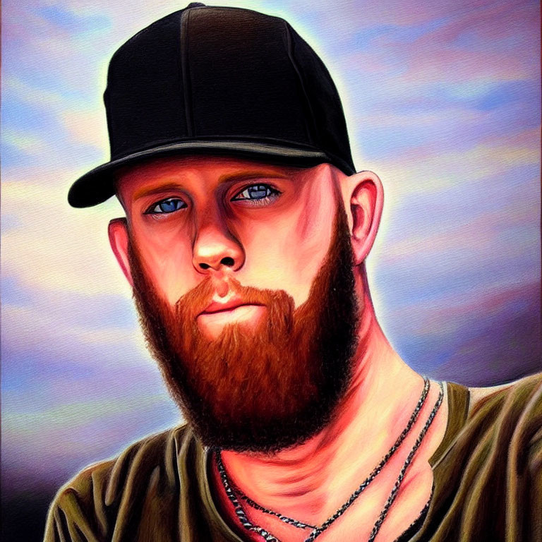 Bearded Man with Hat and Necklace on Pastel Background