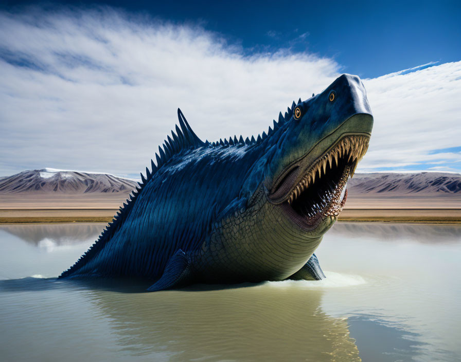 Large menacing fish with sharp teeth and spikes in shallow water landscape.