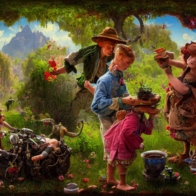 Vintage clothing garden scene with child and fanciful creatures