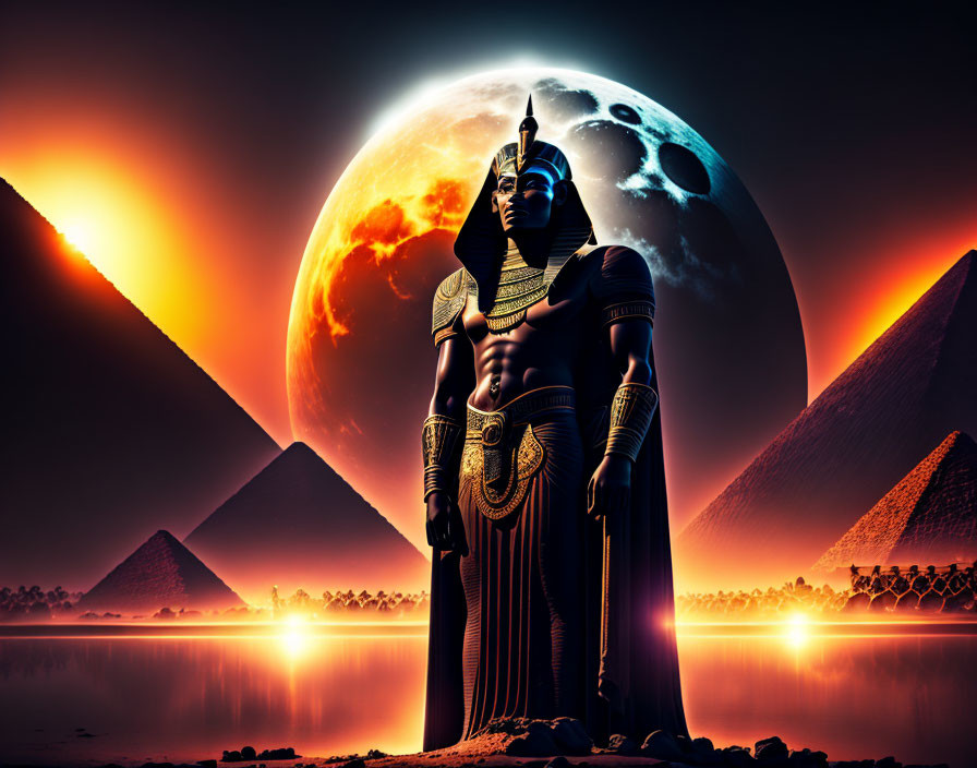 Digital Art: Egyptian Pharaoh with Moon, Suns, and Pyramids